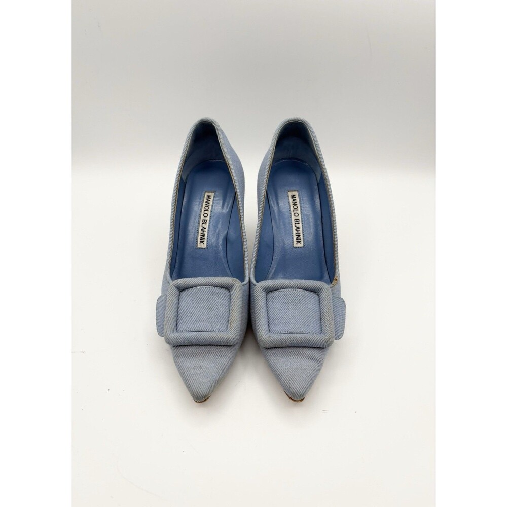 Manolo Blahnik Maysale Light Blue Canvas Pointed Toe Stiletto Heels Size EU 35